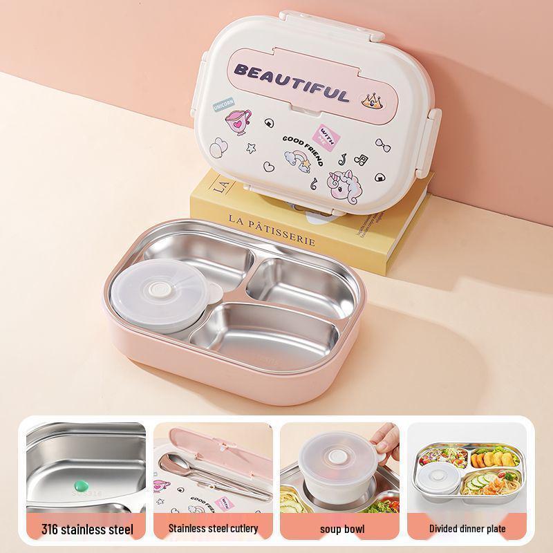 Boîte à lunch Bento pour enfants, à couvercle rabattable, en acier inoxydable 316, compatible micro-ondes, avec compartiments pour les aliments, à décorer soi-même et décorée de dessins animés.