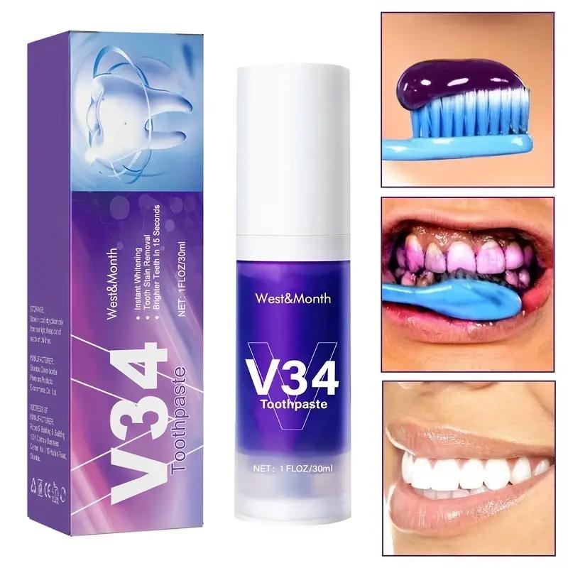 30ml V34 Fioletowy korektor koloru w piance: Natychmiast wybiel zęby, dokładnie oczyść i usuń plamy oraz odśwież oddech – w domu lub w podróży!