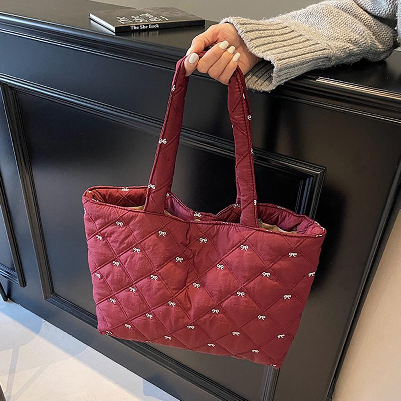 Large Capacity Shoulder Bag Cute Sweet Bow Prints Handbag Soft Puffer Tote Bag Women Commute Casual Simple Storage Bag