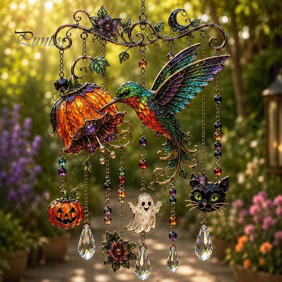 Whimsical Bat And Black Cat Decor Halloween Acrylic Wind Chime Pendant, Crystal Suncatcher Hanging Ornaments, Decorative Chimes Outdoor Window