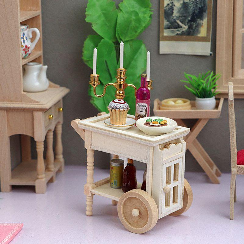 Trolley Dining Cart Kitchen Wooden Furniture Miniature Dollhouse Doll Decor Toy Two Layers