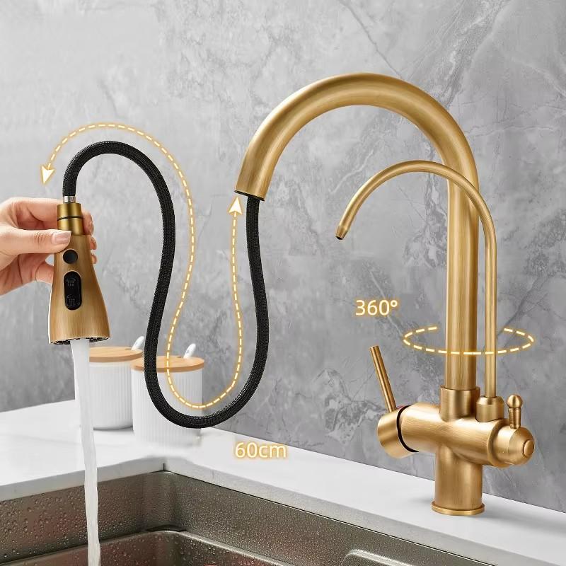 Matte Black Kitchen Faucet with Pure Water Function Dual Handle Tap Deck Mounted 360 Rotation Pull Out Hot Cold Mixer Taps