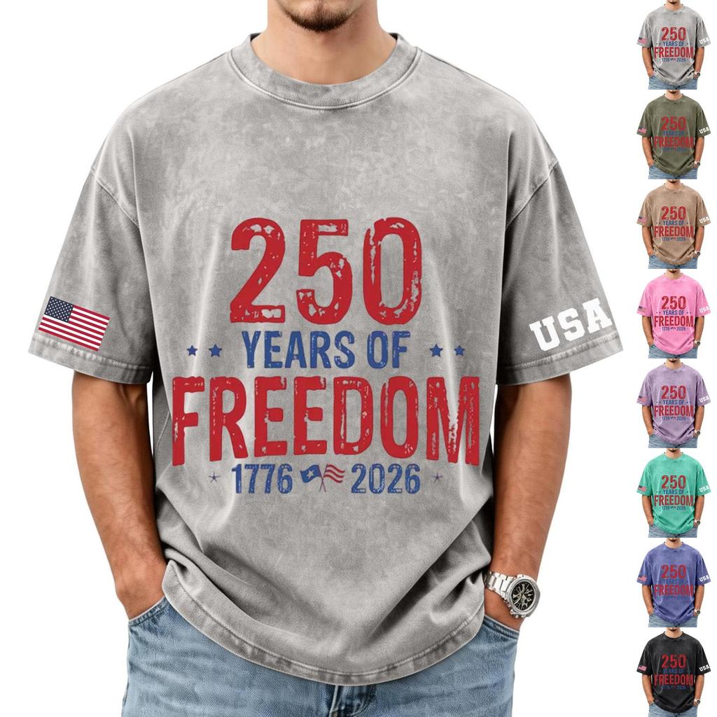 Men's loose and casual flag letter print T-shirt - Men's trendy washed short-sleeved top