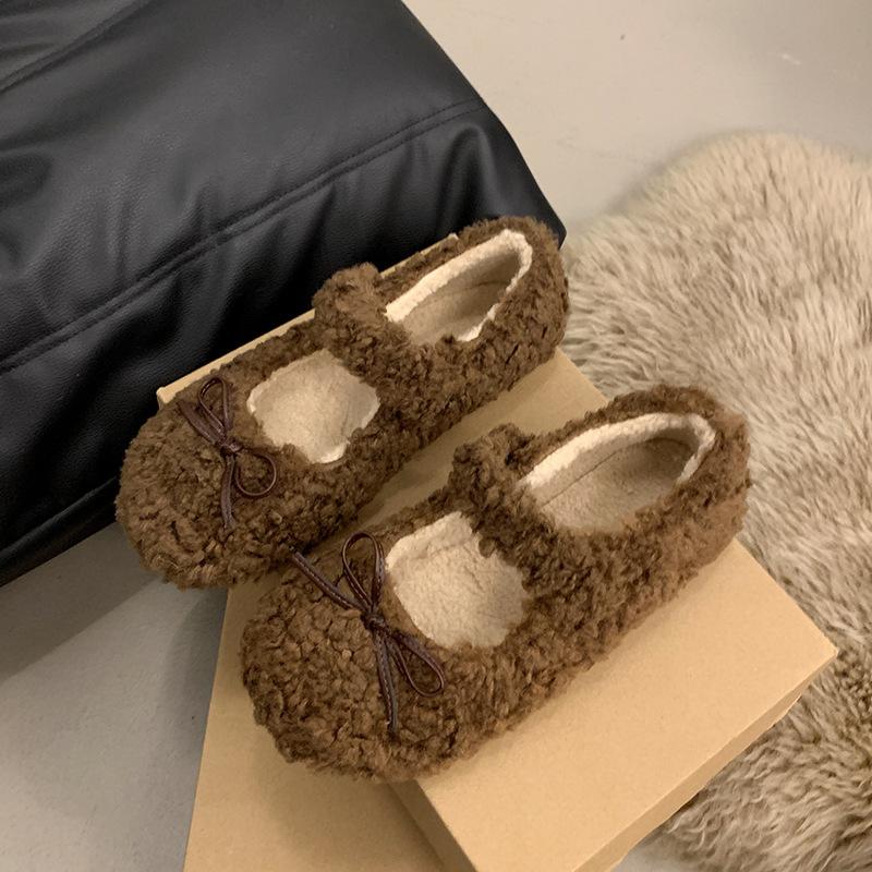 

Кремовая пудра пушистая обувь для женщин в зимней одежде 2024 года, новая корейская версия феи стиль нежный бархат Мэри Джейн хлопковые туфли для женщин 40 темно-коричневого