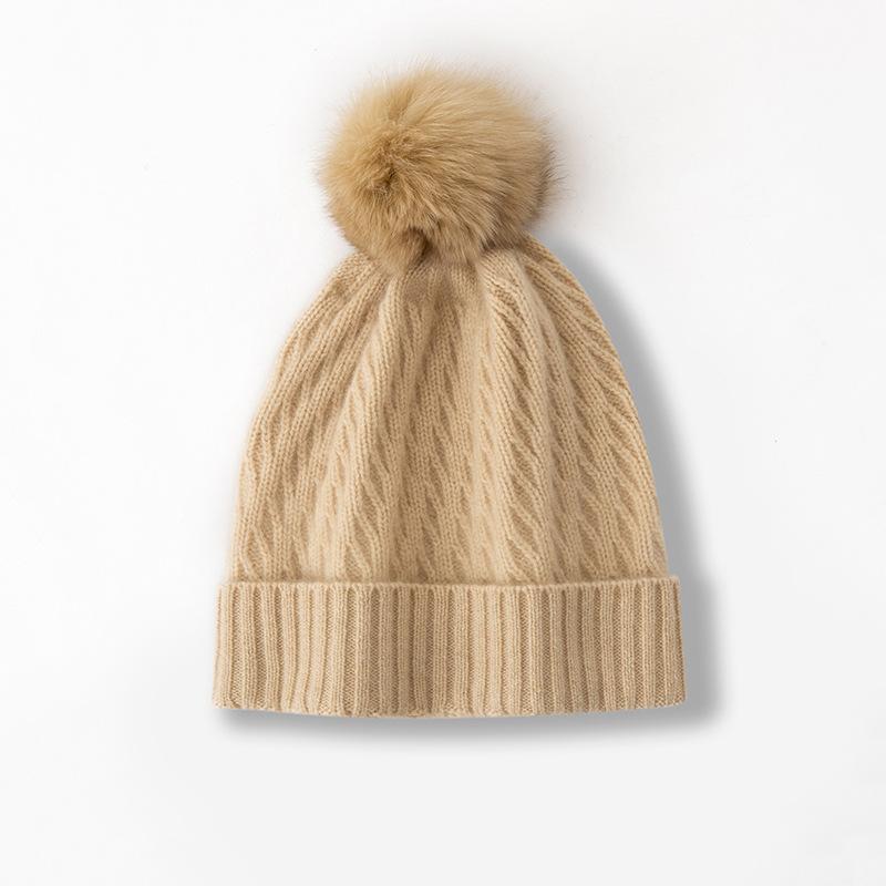 Cashmere Autumn and Winter New Style Women's High end Solid Color Cable Fur Ball Thickened Warm Fashion Knitted Casual Hat