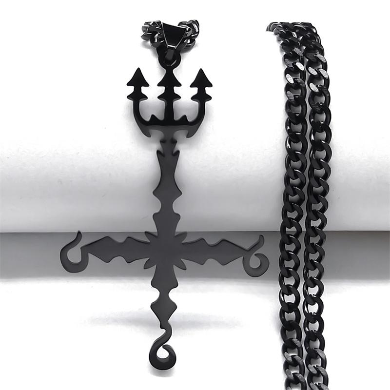 Colier Demonic cu Cruce Inversată Satanică și Trident pentru Femei Bărbați Oțel Inoxidabil Culoare Argintiu Coliere Statement Bijuterii