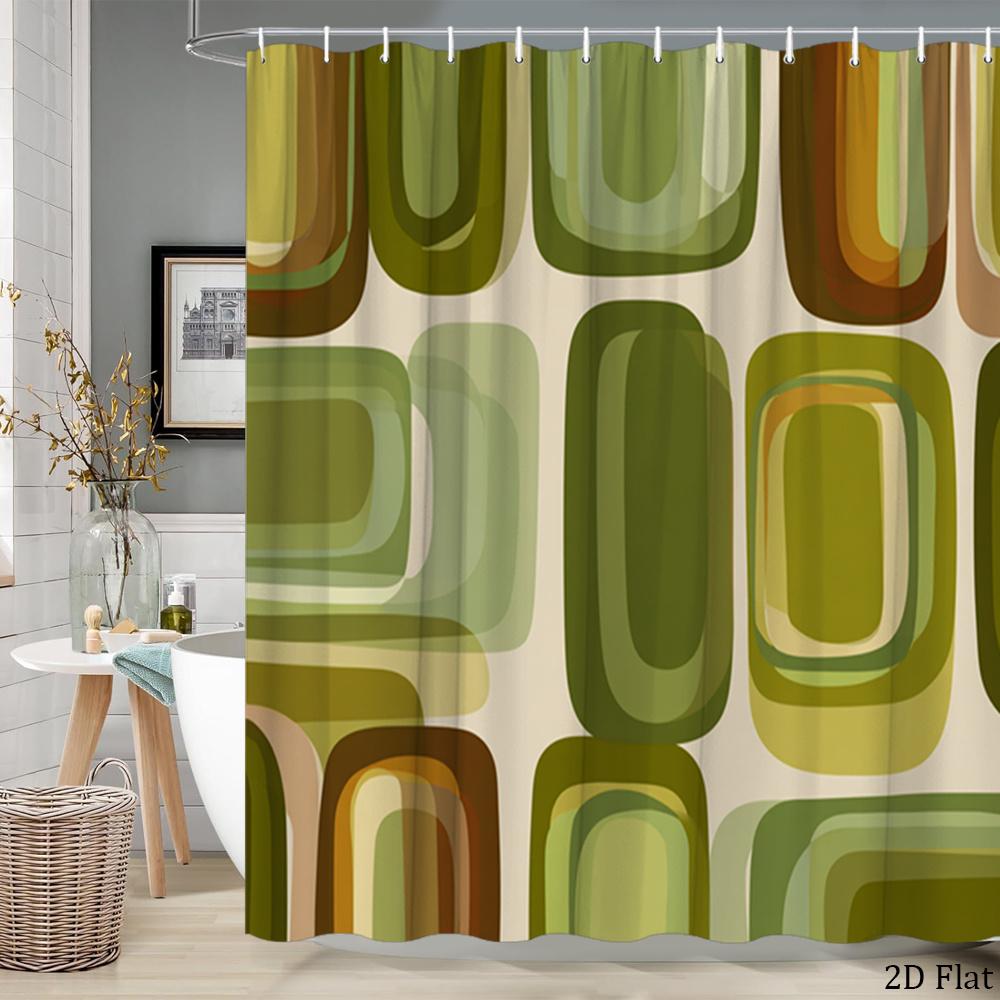 Retro Geometric Shower Curtain Layered Green & Brown Shapes, Mid-Century Modern Bath Curtain for Vintage and Boho Bathroom Decor