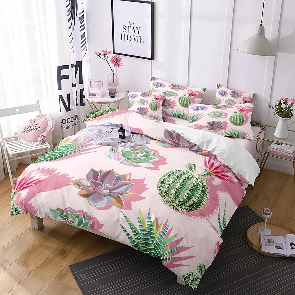 Cartoon Cactus King Queen Duvet Cover Succulent Plants Bedding Set For Adults Green Tropical Desert Plants Polyester Quilt Cover