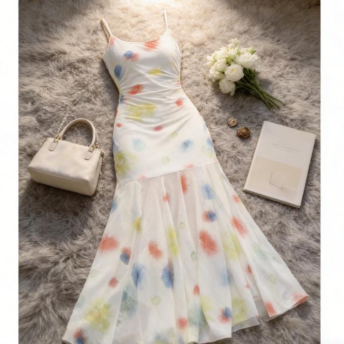 French Polka Dot Spaghetti Strap Dress: Summer Irregular Fishtail Skirt Extra Large