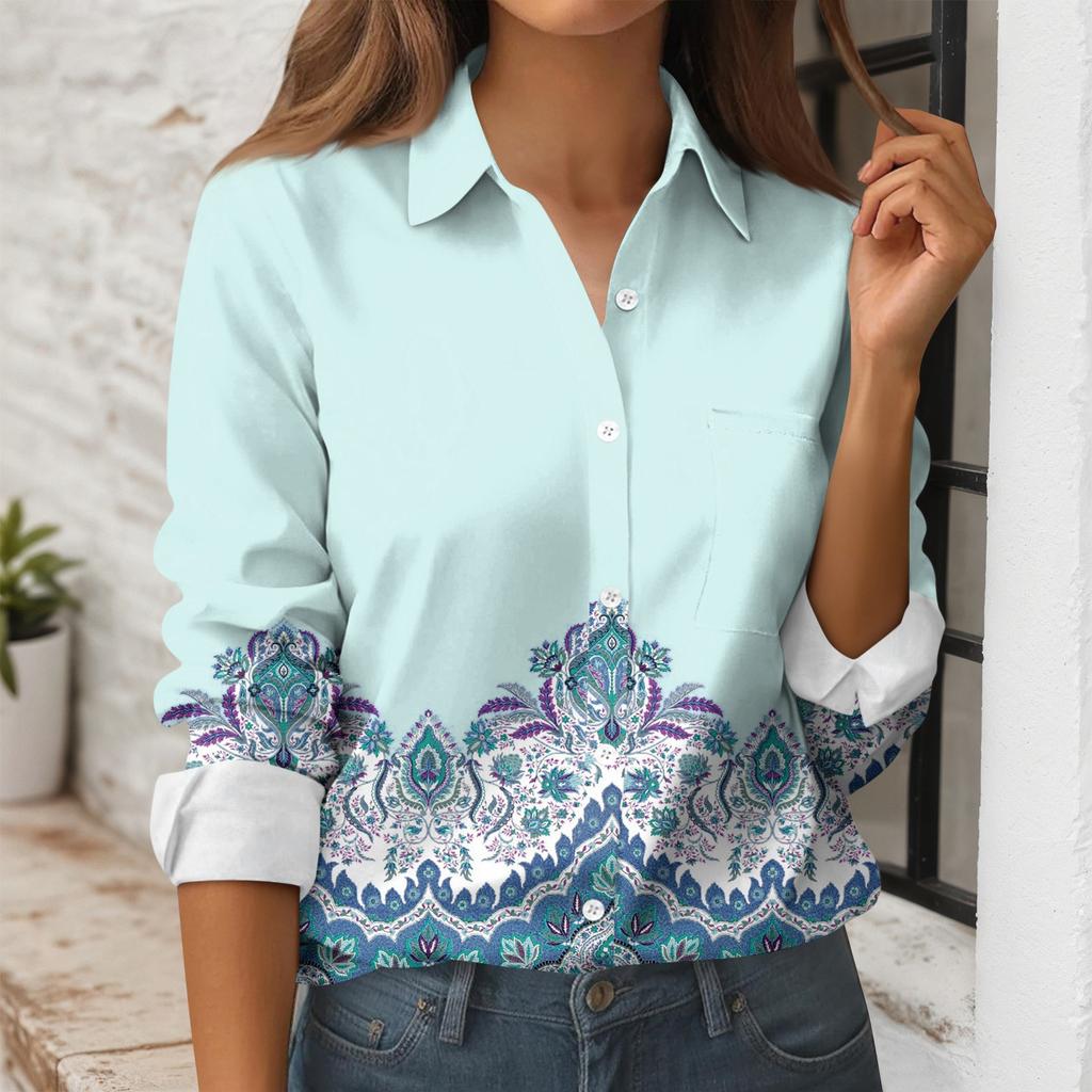 Women's Button Down Prints Shirt Long Sleeve Shirt Business Work Tops Casual With Pockets Jacket