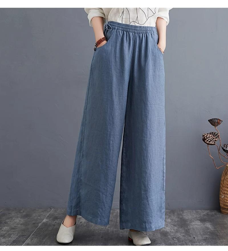 Frühlings- und Sommer-Literarische Baumwoll- und Leinenhosen Locker Große Größe Weiter Bein Hosen Hohe Taille Bodenlange Hosen Gerade Hosen Leinen Damen Hosen