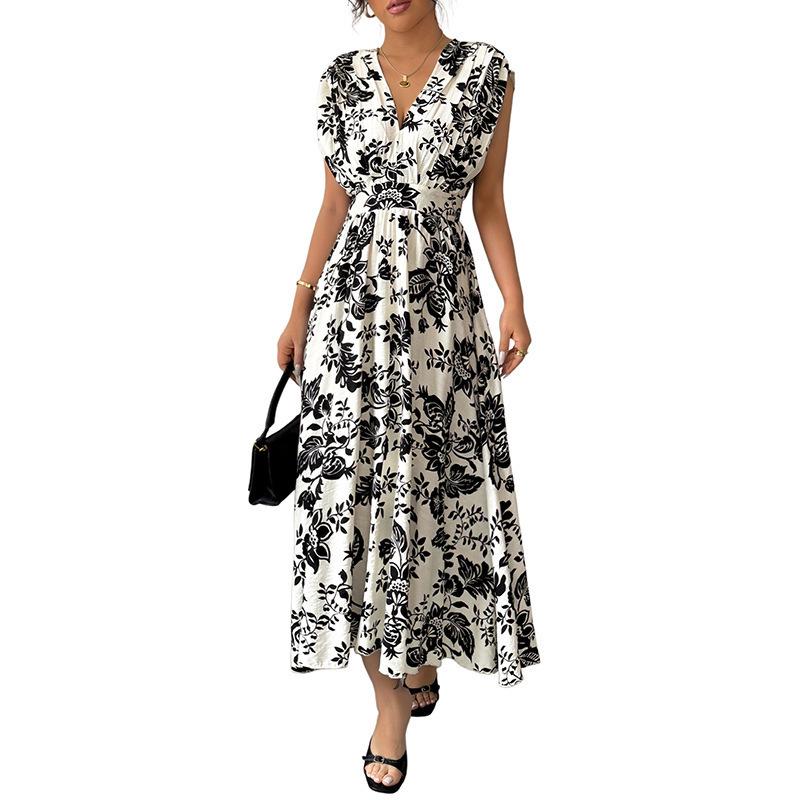 2026 Summer European Floral V-Neck Sleeveless Waist-Cinching Dress for Women