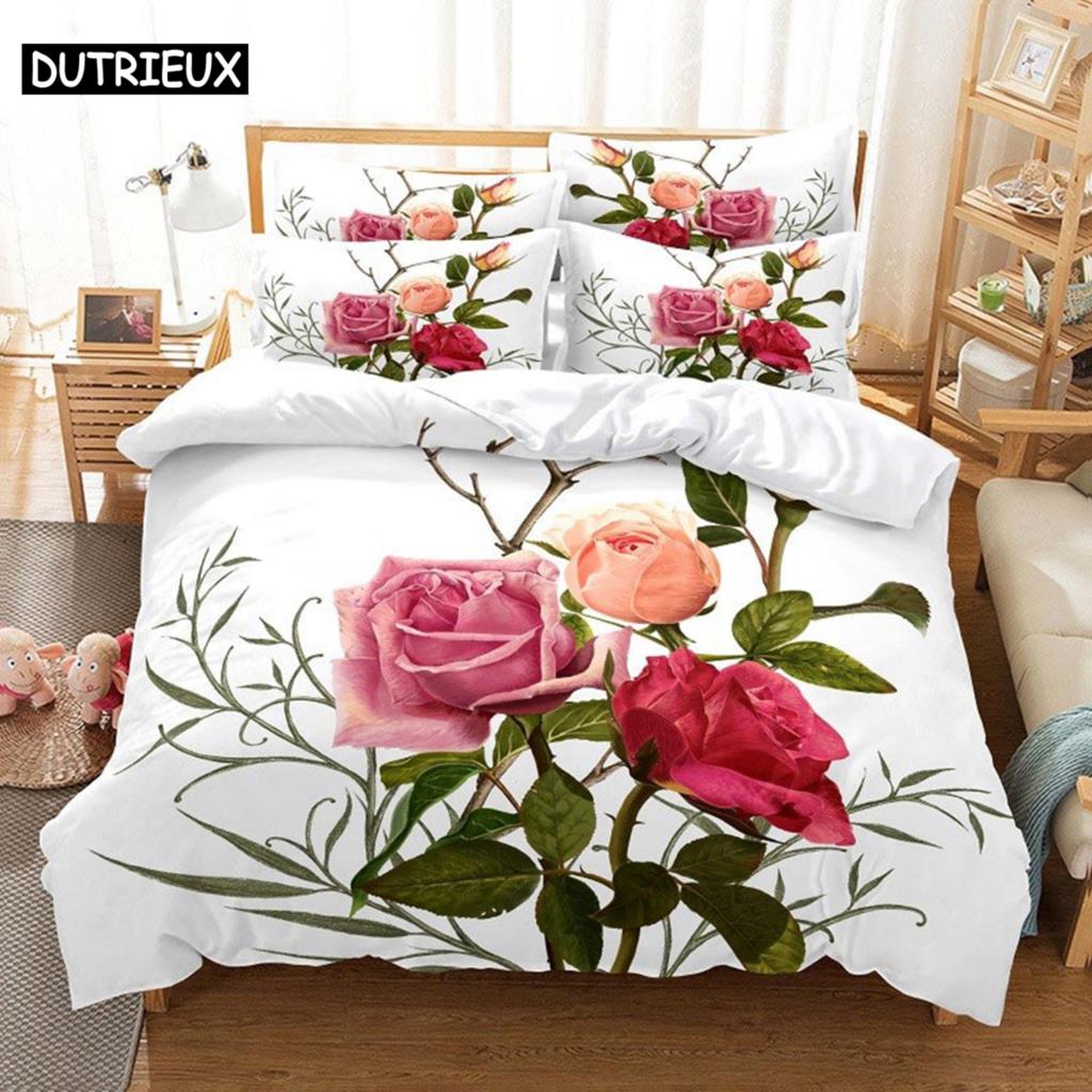 Comforter Pink Rose Bedding Set Linens Quilt Comforter 3D Pillow Case Double Full King Queen Twin Single 3Pcs 2Pcs Home Texile