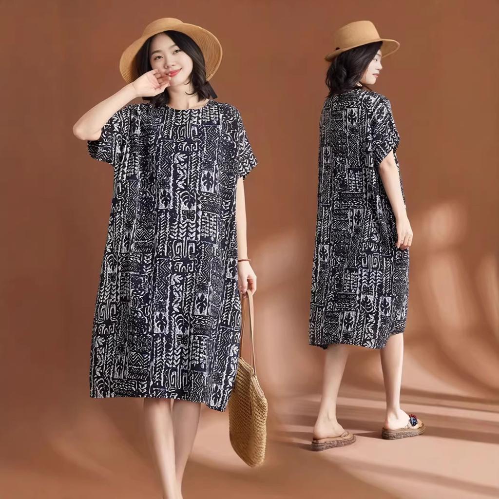 Real Shot 2026 Summer New Large Size Women's Clothing Fat MM Linen Cotton Linen Retro Literary Ethnic Style Casual Dress