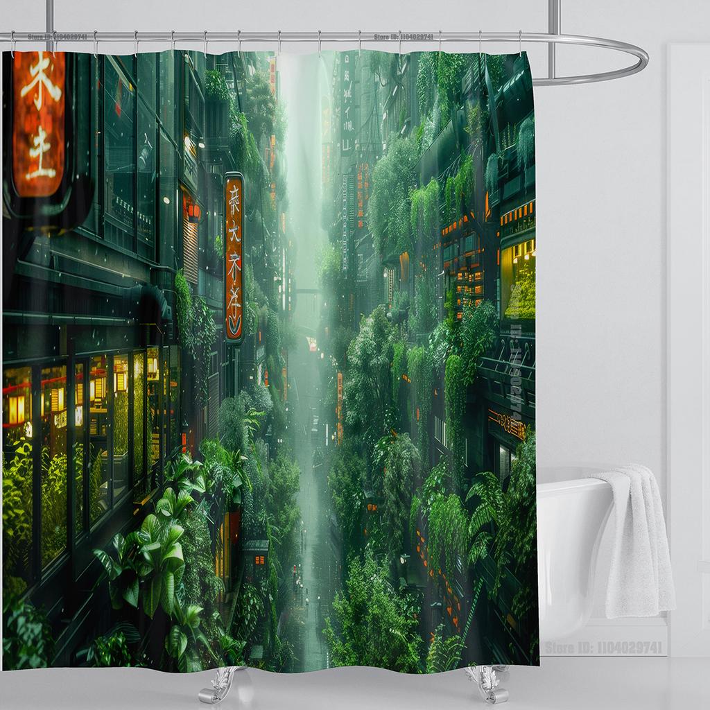 Illustration Japanese Chinese Style Art Print Polyester Washable Waterproof Shower Curtain Bathroom Decoration Bathtub With Hook