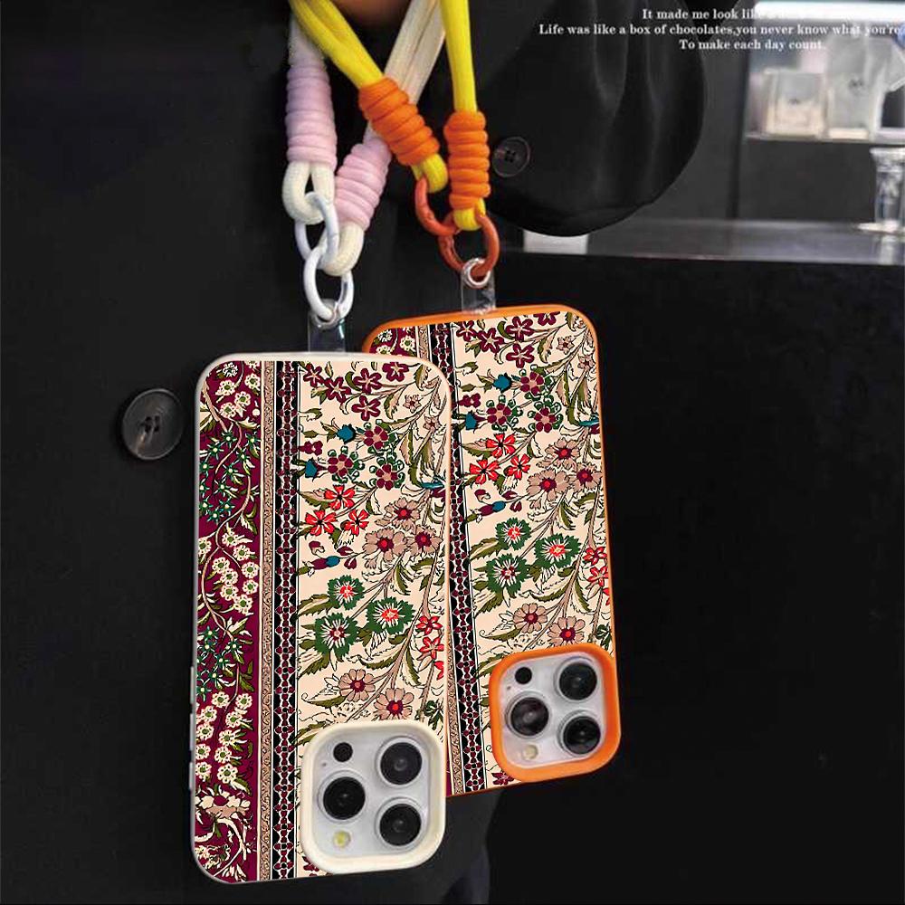 Vintage Persian Rug Pattern Protective Case For iPhone 15 14 17 Air 16 13 12 11 Pro Max Plus Litchi Texture Soft Cover Lanyard