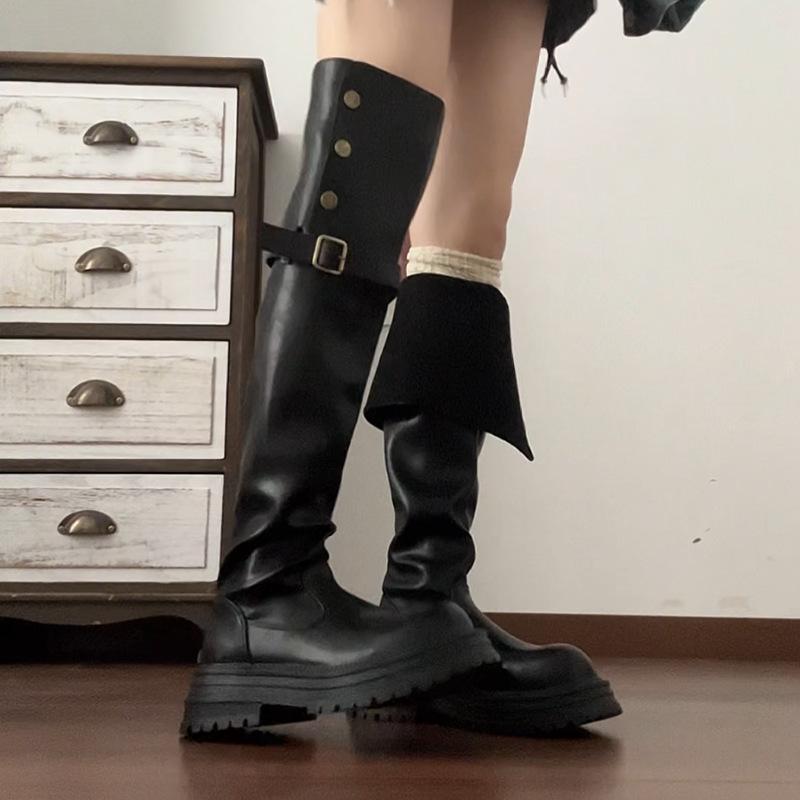 

thick-soled western boots thick heels over the knee boots women s 2025 autumn and winter new retro two-wear folded knight fashion boots 35 чёрный