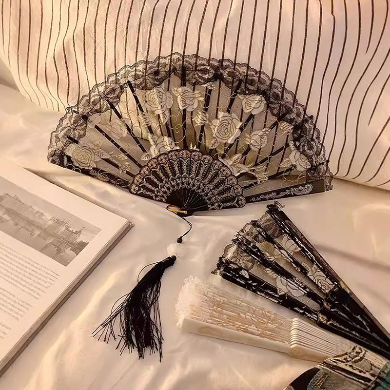 Lace Decorative Fans Folding Hand Fan Black White Dancing Fans Wedding Party Stage Performance Fan Gifts For Guest