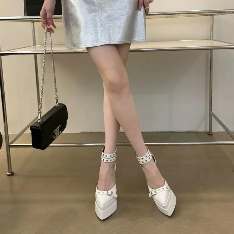 Fashion Elegant Woman Heeled Shoes 2025 Ankle-wrap Women's High Heels Party Pumps Rivet Pointed Toe Super High Buckle Strap Ladies Shoes