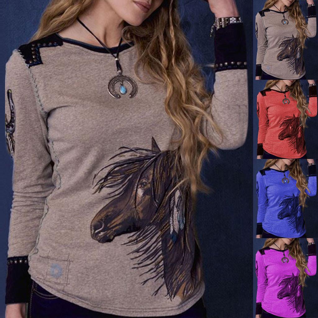Women's Riding Style Horse Bibs Print Long Sleeve Casual Lapel Shirt main image 1