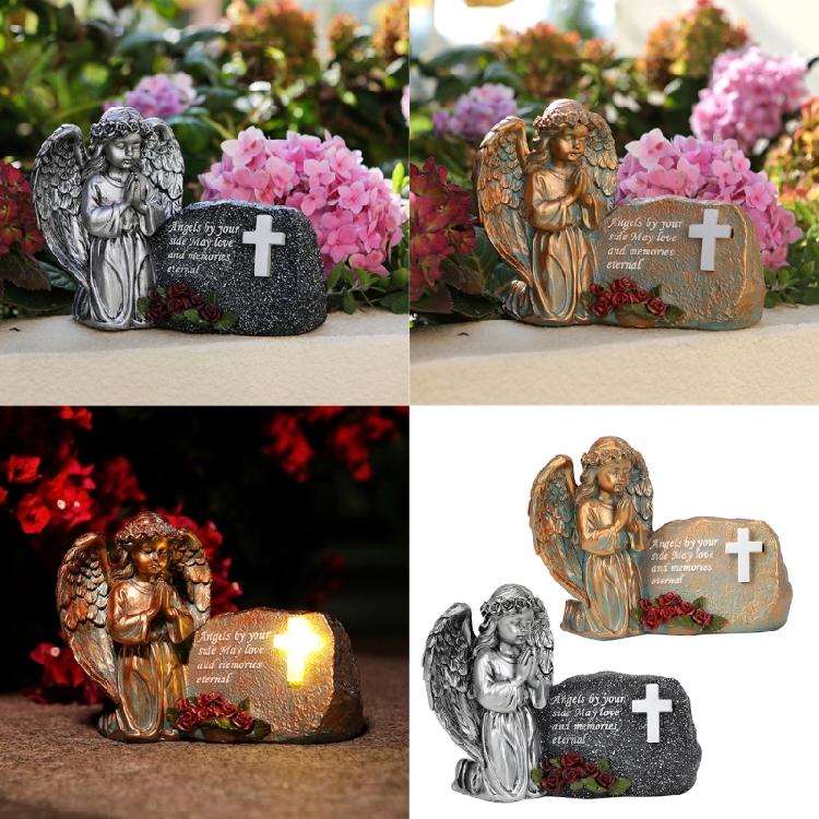 Resin Praying Angel Garden Statue With Solar Lighted Crosses Outdoor Waterproof Sculpture Grave Lamp for Patios Cemetery