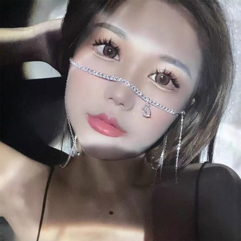 Bling Rhinestone Long Chain Tassels Pendant Face Jewelry for Women Party Accessories Crystal One Row Face Chain Jewelry