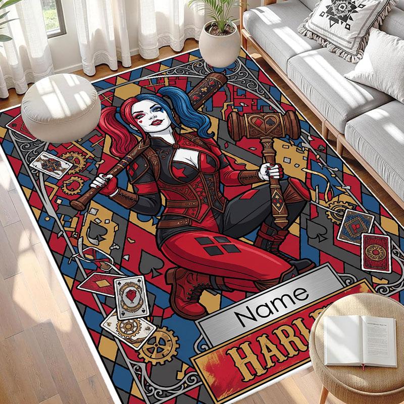 Custom Name Personalized Harley Quinn Print Carpet, Versatile Home Decor Rug, for Playroom, Apartment, Balcony, Entryway, Hallway Gift