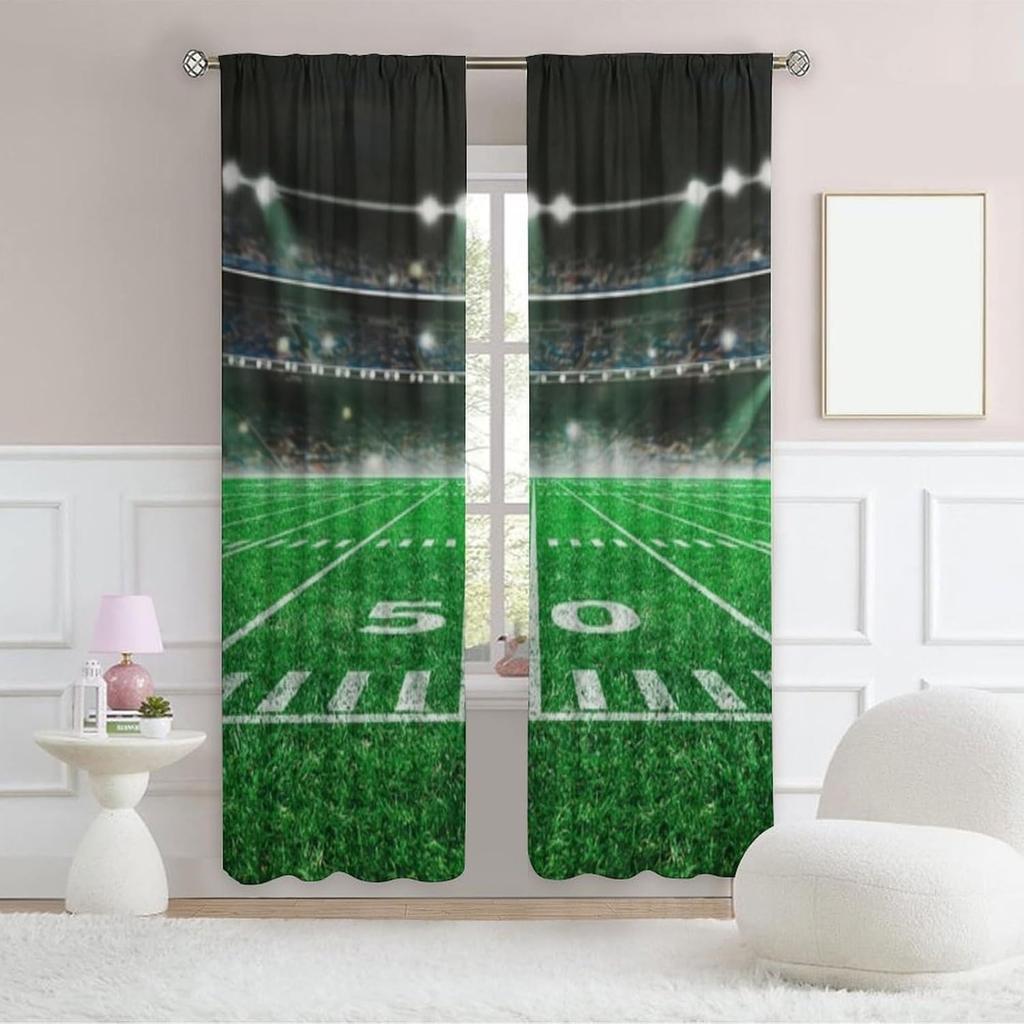 Sports Themed Bedroom Curtains, Circular Football Field Art Style Bedroom Curtains Under the Spotlight, Suitable for Bedrooms