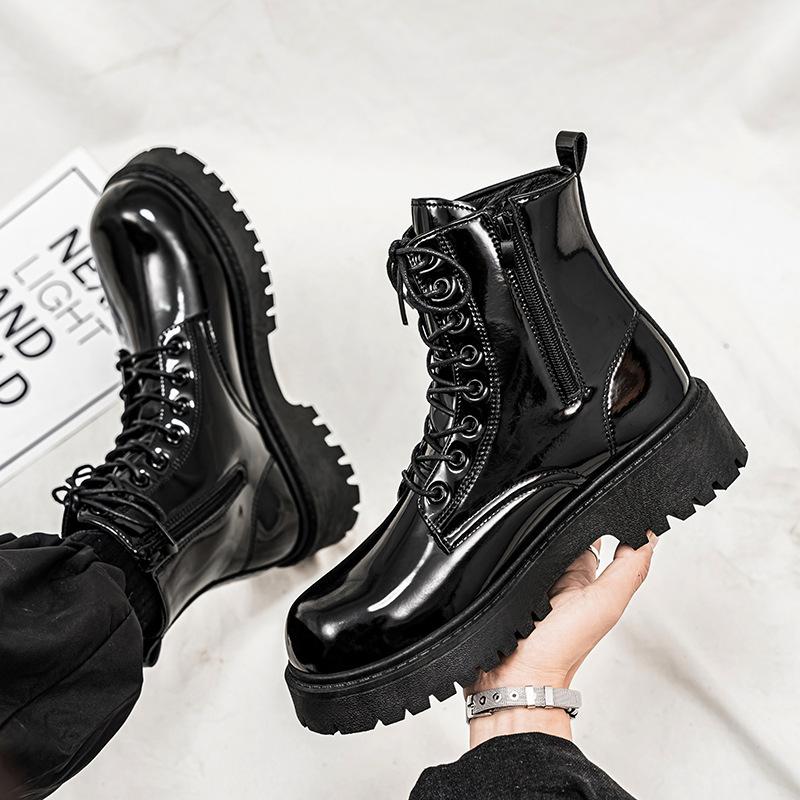 Glossy Martin Boots Men's High-top Zipper Locomotive Boots Velvet Cotton Autumn and Winter Men's Boots Thick-soled Heightening Tooling Leather Boots
