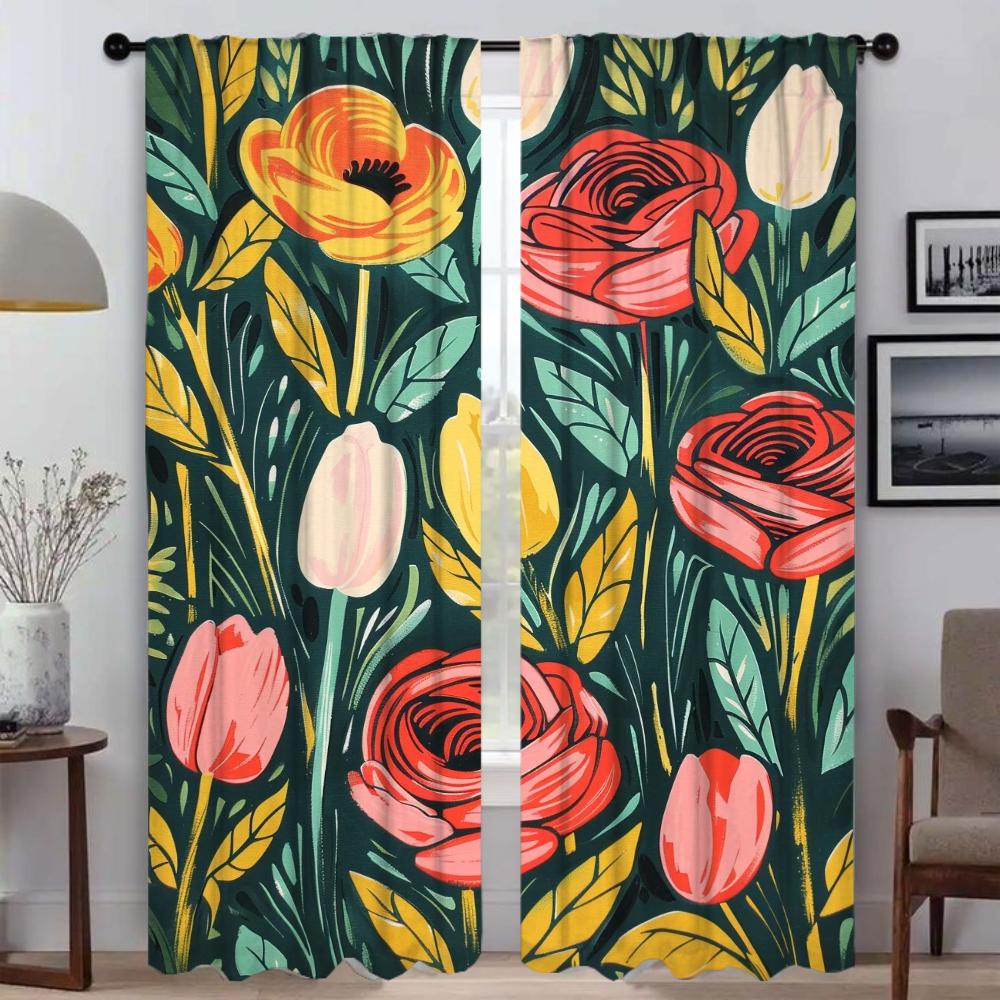 Roses and Pink Tulips Curtains for Living Room Curtain Tulle for Bedroom Shades Home Interior Curtains 2 Pieces Partition Camera