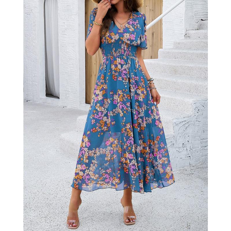 

Женское платье Temperament с V-образным вырезом и короткими рукавами, принтованное шифоновое платье L синий