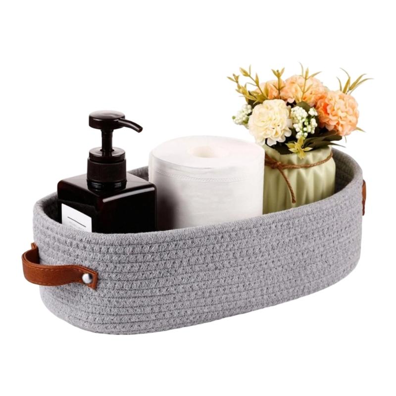 Natural Cotton Rope Oval Storage Basket Featuring Sturdy Leather Handles For Home Use