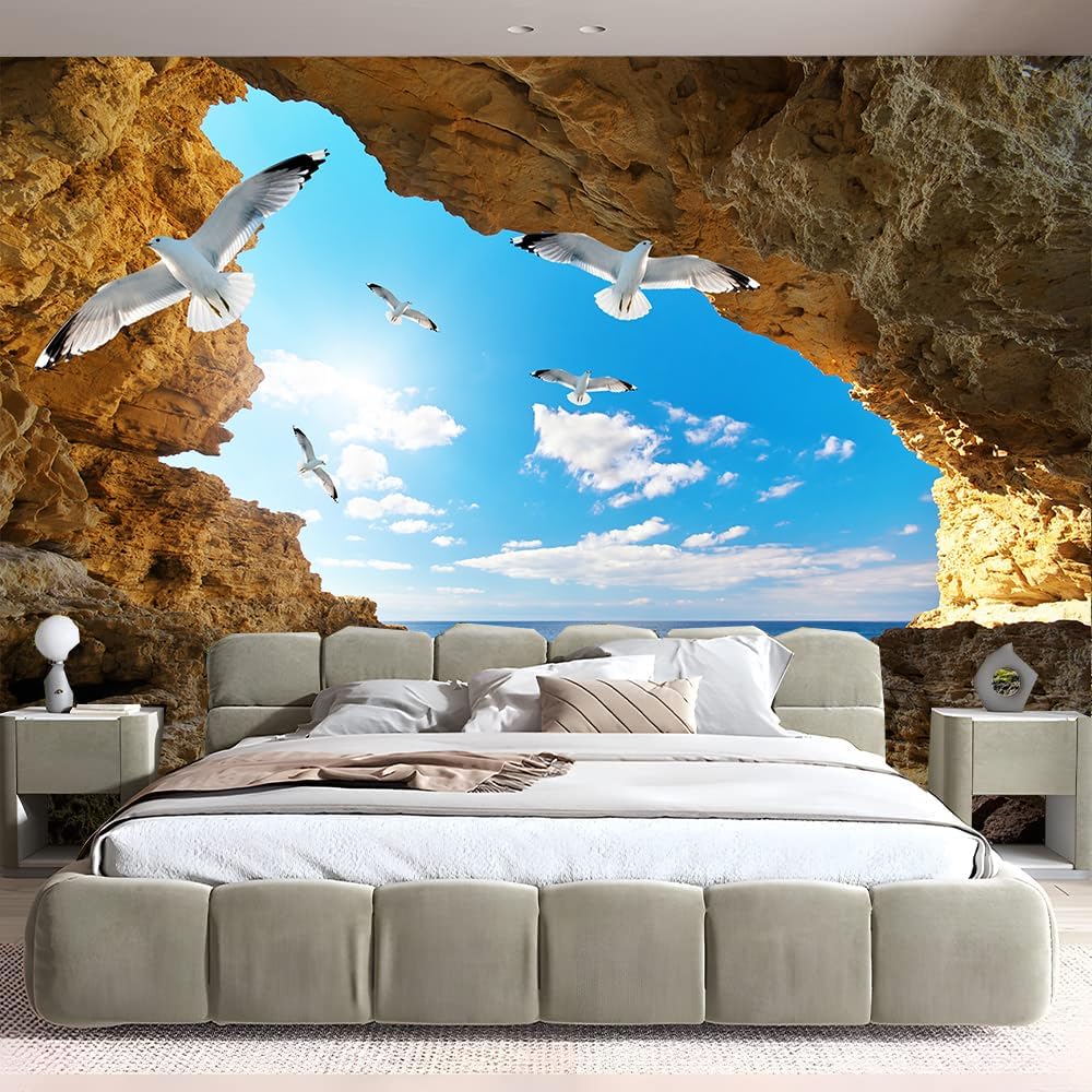 Sea Cave Tapestry Wall Hanging Blue Ocean Sea Scenic Tapestries Seagull Nature Landscape Beach Island Large Wall Tapestry for