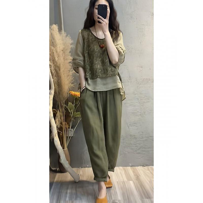 Damen 2024 Sommer Baumwollleinen Set: Bedrucktes Patchwork-Oberteil & Schlankmachende Haremshose Zweiteiler