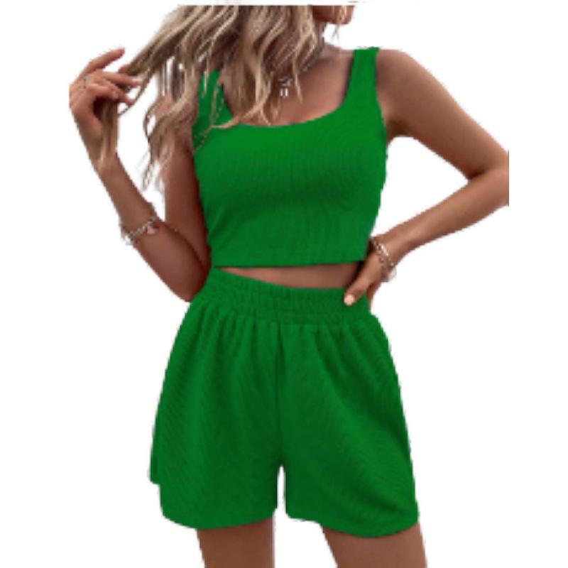 2025 Summer Women's Knitted Sleeveless Casual Solid Color Set