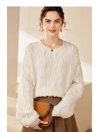 Double-Strand Tassel Round Neck 100% Pure Cashmere Sweater for Autumn/Winter 2024 - Loose Fit, Light Luxury Style for Women