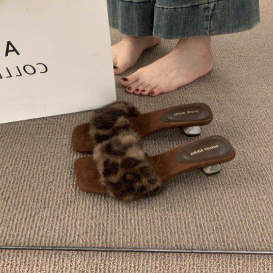 High Heels Leopard Print Retro Fluffy Slippers Women's Outerwear 2025 Autumn Versatile Skirt Fairy Style One-word Drag