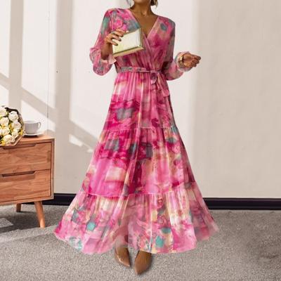 Women Evening Dress Patchwork V Neck Lace-up Waist Bohemian Style Lantern Sleeves Pleated Chiffon Colorful Print A-line