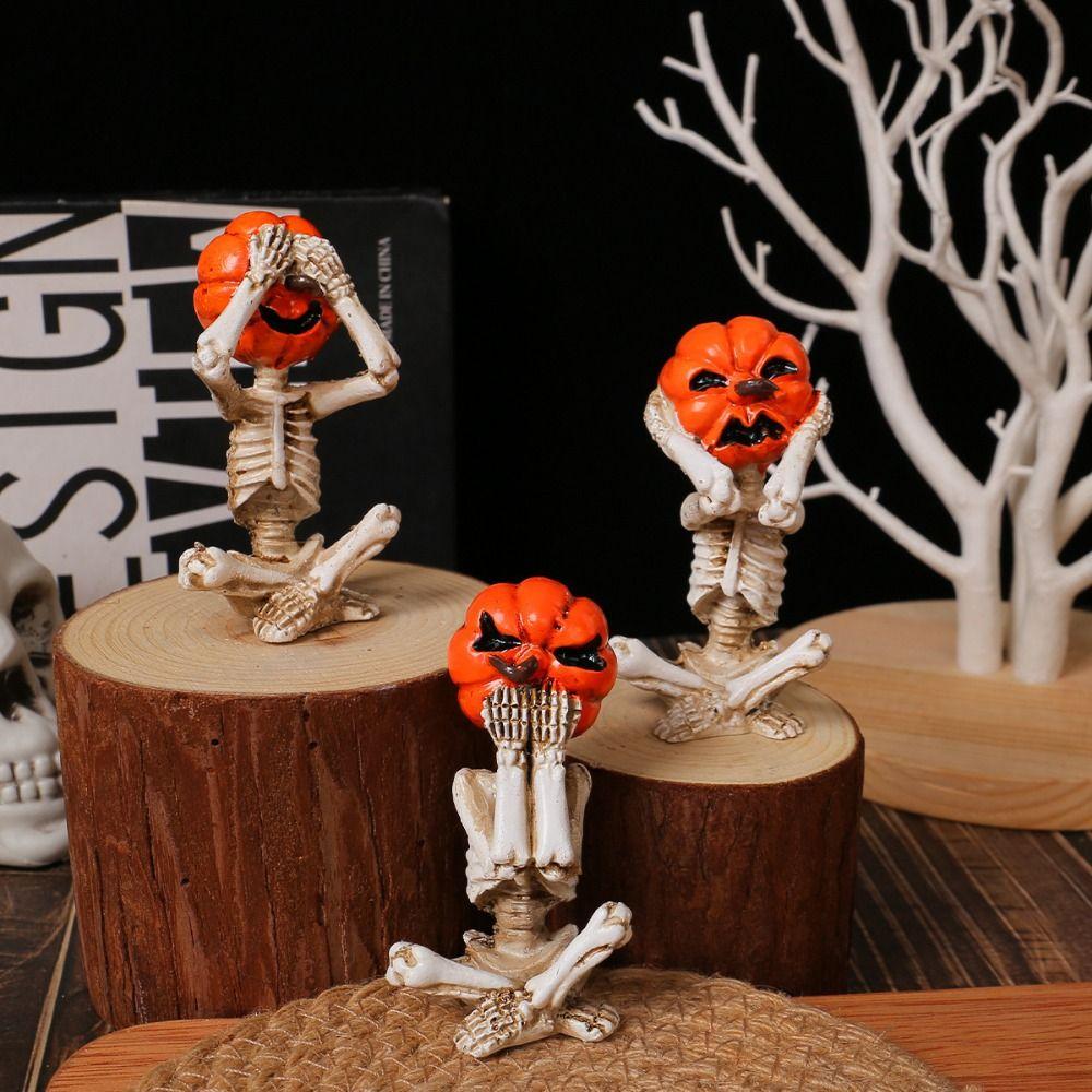 3Pcs/Set Resin Craft Pumpkin Head Skull Doll Realistic Halloween Skeleton Figurines  Dead Decorative