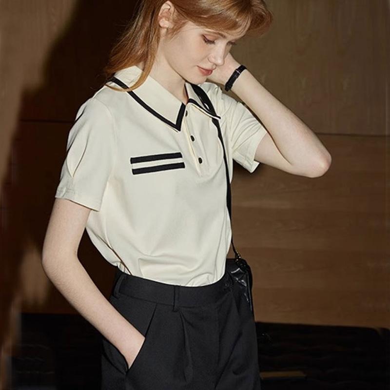 

Летние футболки с цветными блоками, хлопковые свободные женские футболки в стиле Харадзюку с короткими рукавами и воротником-поло, повседневный топ y2k, женский топ абрикосового цвета, уличная одежда