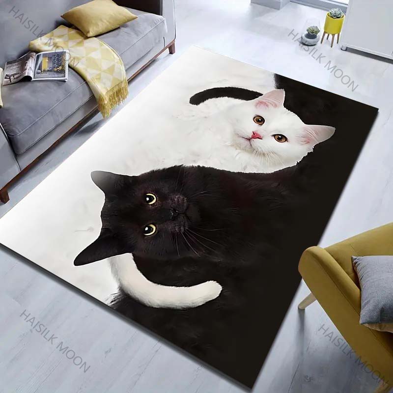 Black Cat White Cat Personalized Print Carpet for Living Room Bedroom Bedside Sofa Table Floor Mat Home Area Rug Decor for Gifts