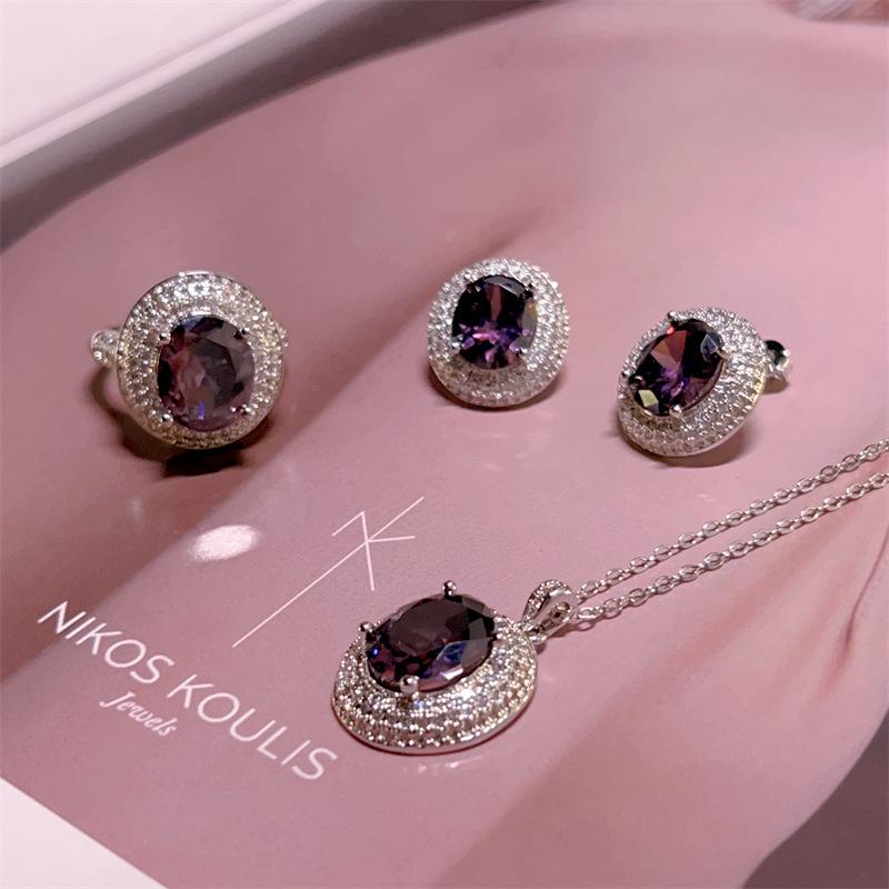 Elegant Violet Zirconia Jewelry Set: Stud Earrings, Necklace, and Ring for Women