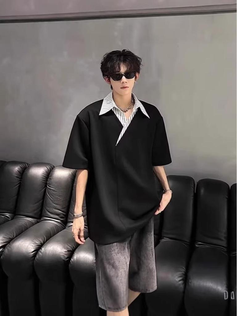 Patchwork Polo Collar Unisex Summer Shirt: Loose, Short Sleeve, Versatile Design