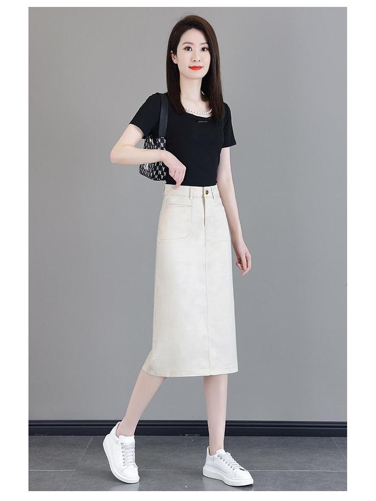 High Waist Denim Midi Skirt with Back Slit - Slimming Spring Fashion Pencil Skirt