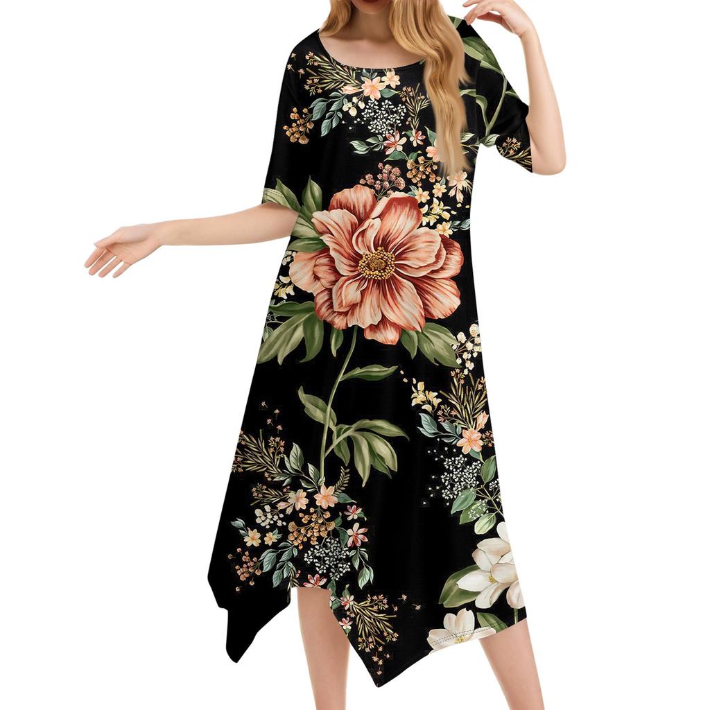 Damen Casual Mode Rundhals Kurzarm Druck Unregelmäßiger Saum Midi-Kleid