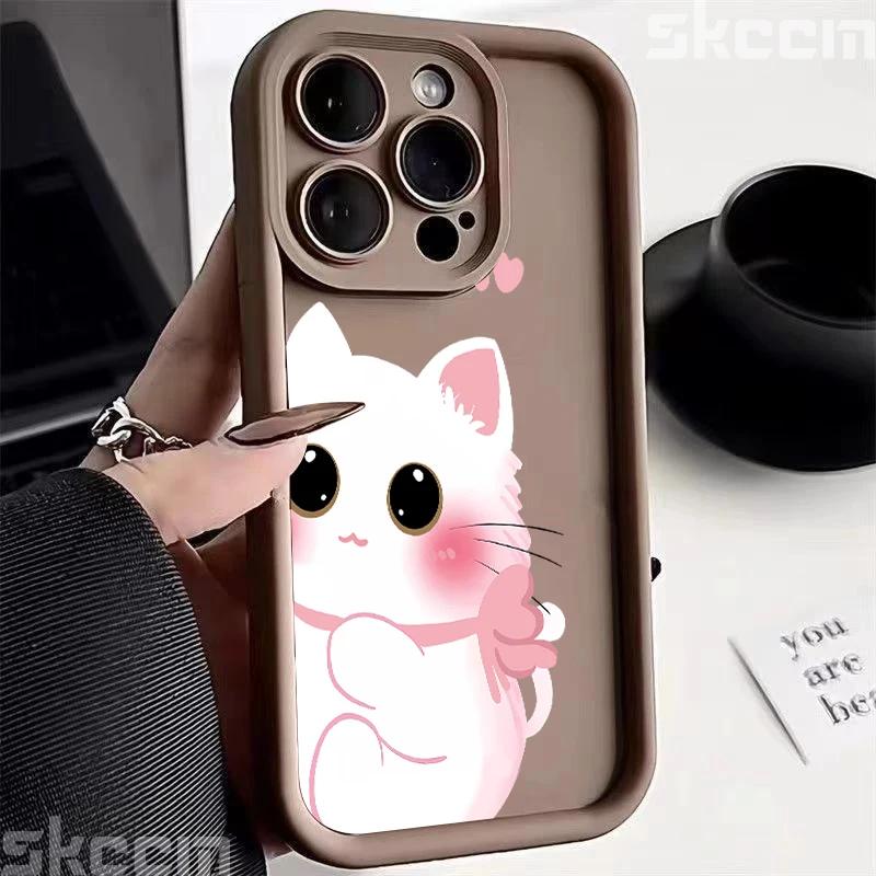 Cute Cartoon Black White Cat Phone Case For iPhone 16 Pro Max 15 14 13 12 11 XS XR X 8 7 15 Plus Shockproof Soft Silicone Cover