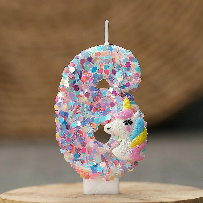 Gradient Pink Unicorn Happy Birthday Candles with 0-9 Number for Cake Decoration Children's Party Favors Cake Toppers DIY