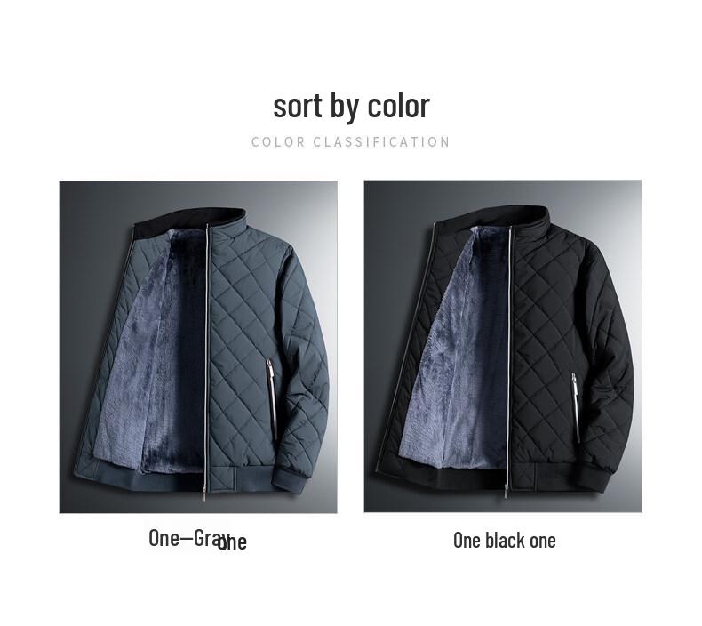 2024 Winter Men's Solid Color Quilted Stand Collar Cotton Jacket with Velvet Lining