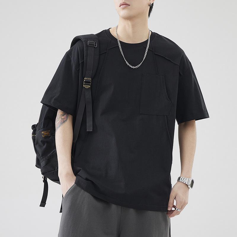 An Yang Pánské černé sešívané letní tričko s krátkým rukávem: Niche Jednobarevný design