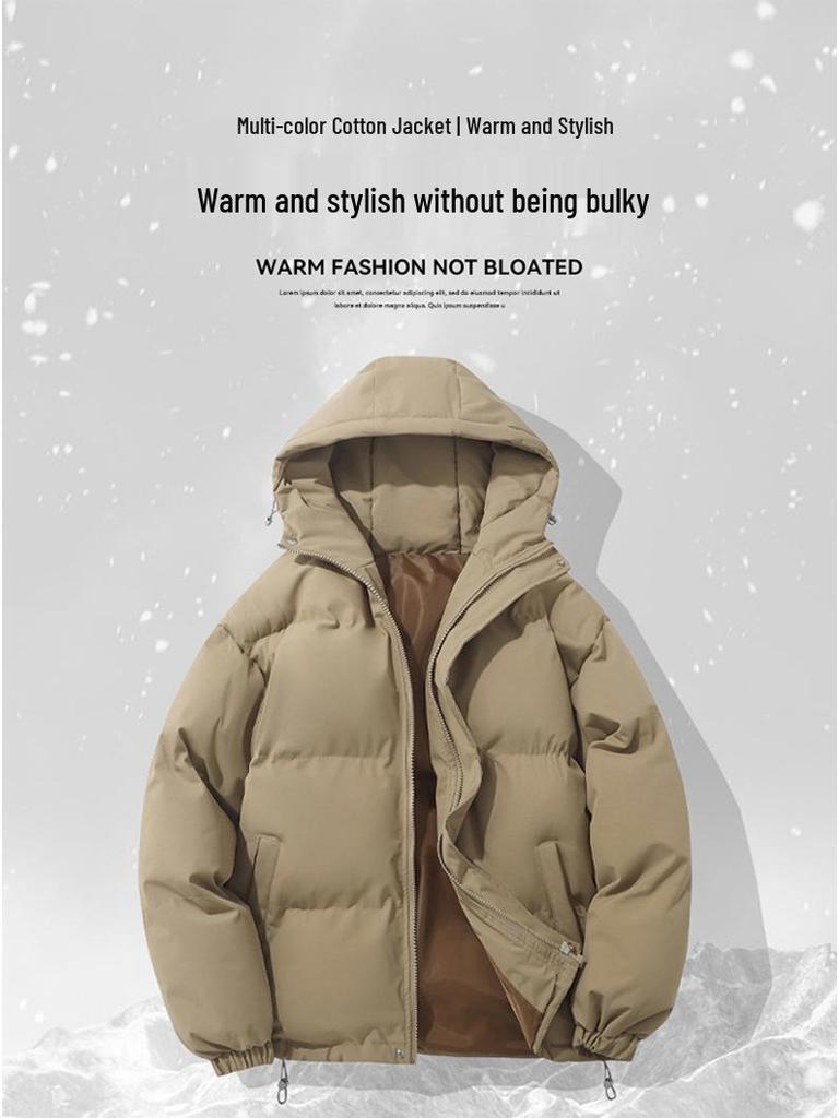 Men's Winter Solid Color Hooded Cotton Jacket - Loose, Casual, Warm Outerwear for Teens